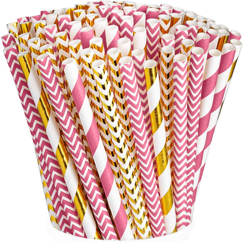 Comfy Package [200 Pack] Hot Pink & Gold Paper Straws Disposable, 100% Biodegradable Multi-Pattern Party Straws For Birthday, Wedding and Holiday Decoration - Image 1